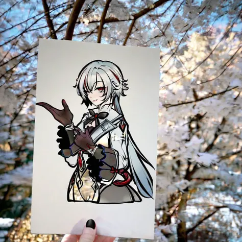 best quality, masterpiece, <lora:arlecchino_xl:1>, parted_lips, x-shaped_pupils, looking_at_viewer, cowboy_shot, red_pupils, white_coat, highres, smile, black_hands, frilled_sleeves, multiple_rings, solo, red_nails, 1girl, arlecchino_\(genshin_impact\), long_sleeves, very aesthetic, absurdres, kttsupcs, 1girl, snowy trees, <lora:KotetsuPaperArt_AnimagineXLv31:1>