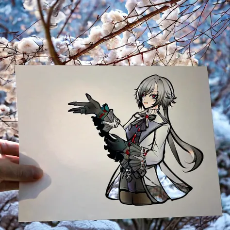best quality, masterpiece, <lora:arlecchino_xl:1>, parted_lips, x-shaped_pupils, looking_at_viewer, cowboy_shot, red_pupils, white_coat, highres, smile, black_hands, frilled_sleeves, multiple_rings, solo, red_nails, 1girl, arlecchino_\(genshin_impact\), long_sleeves, very aesthetic, absurdres, kttsupcs, 1girl, snowy trees, <lora:KotetsuPaperArt_AnimagineXLv31:1>