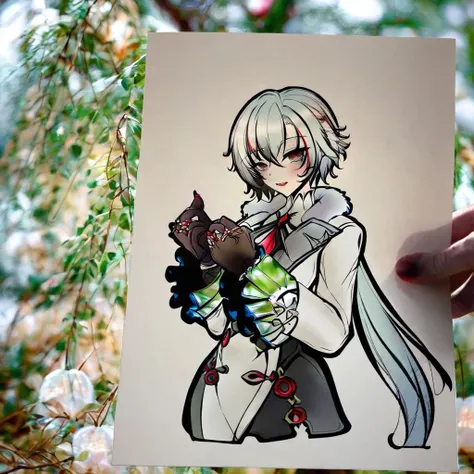 best quality, masterpiece, <lora:arlecchino_xl:1>, parted_lips, x-shaped_pupils, looking_at_viewer, cowboy_shot, red_pupils, white_coat, highres, smile, black_hands, frilled_sleeves, multiple_rings, solo, red_nails, 1girl, arlecchino_\(genshin_impact\), long_sleeves, very aesthetic, absurdres, kttsupcs, 1girl, snowy trees, <lora:KotetsuPaperArt_AnimagineXLv31:1>
