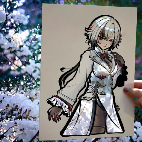 best quality, masterpiece, <lora:arlecchino_xl:1>, parted_lips, x-shaped_pupils, looking_at_viewer, cowboy_shot, red_pupils, white_coat, highres, smile, black_hands, frilled_sleeves, multiple_rings, solo, red_nails, 1girl, arlecchino_\(genshin_impact\), long_sleeves, very aesthetic, absurdres, kttsupcs, 1girl, snowy trees, <lora:KotetsuPaperArt_AnimagineXLv31:1>