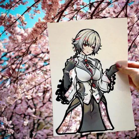 best quality, masterpiece, <lora:arlecchino_xl:1>, parted_lips, x-shaped_pupils, looking_at_viewer, cowboy_shot, red_pupils, white_coat, highres, smile, black_hands, frilled_sleeves, multiple_rings, solo, red_nails, 1girl, arlecchino_\(genshin_impact\), long_sleeves, very aesthetic, absurdres, kttsupcs, 1girl, cherry blossoms, <lora:KotetsuPaperArt_AnimagineXLv31:1>