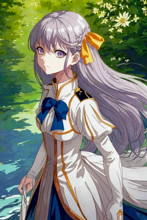 ti_emb-euphyllia_magenta masterpiece, best quality, illustration, (ligne claire), 8k wall paper, (flat color),(vivid), (blue light), (color contrast), 1girl, afternoon, dutch angle, (upper body), (yellow ribbon at hair), (purple eyes:1.5), silver white hair , blue chest ribbon, fantasy flower garden, depth of field, flower_style:1.25 Cornflower <hypernet:Cornflower_Phantom:1> <lora:ligneClaireAnimeStyle_v1:0.9>