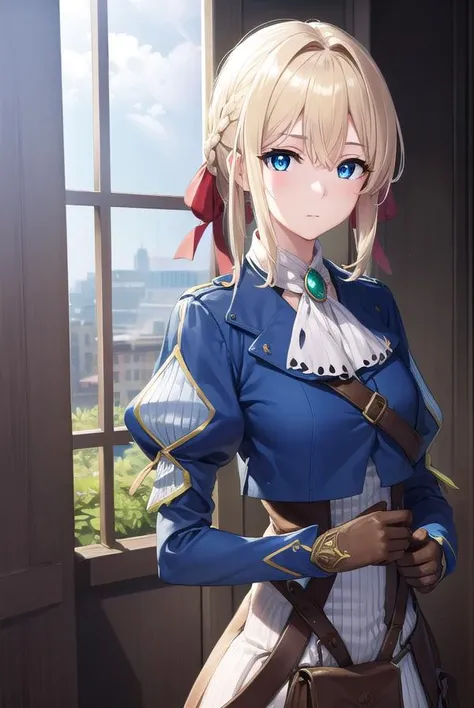 violetevergarden, <lyco:violetevergarden-lyco-nochekaiser:1>,
violet evergarden, blonde hair, blue eyes, hair ribbon, ribbon, short hair, braids, hair braids, red ribbon,
BREAK blue jacket, brown gloves, cropped jacket, dress, gloves, green brooch, jacket, juliet sleeves, long sleeves, puffy sleeves, white dress,
BREAK outdoors, city,
BREAK looking at viewer, (cowboy shot:1.5),
BREAK <lyco:GoodHands-beta2:1>, (masterpiece:1.2), best quality, high resolution, unity 8k wallpaper, (illustration:0.8), (beautiful detailed eyes:1.6), extremely detailed face, perfect lighting, extremely detailed CG, (perfect hands, perfect anatomy),