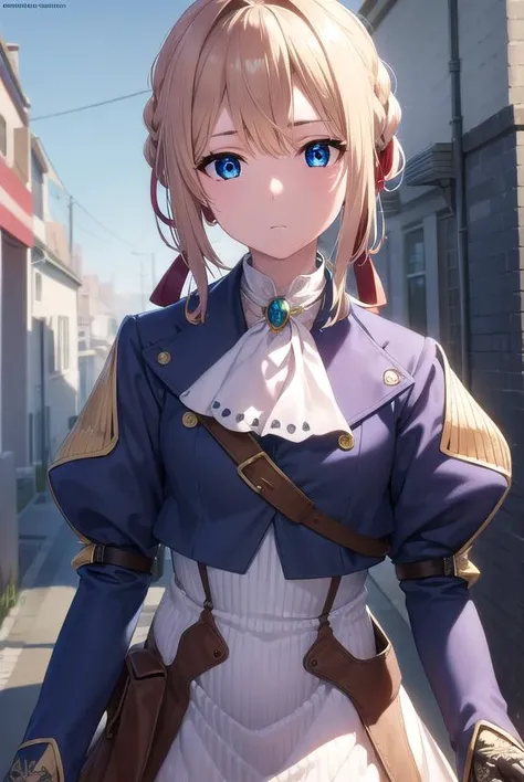 violetevergarden, <lyco:violetevergarden-lyco-nochekaiser:1>,
violet evergarden, blonde hair, blue eyes, hair ribbon, ribbon, short hair, braids, hair braids, red ribbon,
BREAK blue jacket, brown gloves, cropped jacket, dress, gloves, green brooch, jacket, juliet sleeves, long sleeves, puffy sleeves, white dress,
BREAK outdoors, city,
BREAK looking at viewer, (cowboy shot:1.5),
BREAK <lyco:GoodHands-beta2:1>, (masterpiece:1.2), best quality, high resolution, unity 8k wallpaper, (illustration:0.8), (beautiful detailed eyes:1.6), extremely detailed face, perfect lighting, extremely detailed CG, (perfect hands, perfect anatomy),