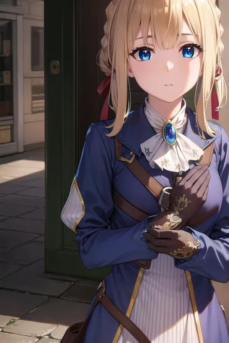 violetevergarden, <lyco:violetevergarden-lyco-nochekaiser:1>,
violet evergarden, blonde hair, blue eyes, hair ribbon, ribbon, short hair, braids, hair braids, red ribbon,
BREAK blue jacket, brown gloves, cropped jacket, dress, gloves, green brooch, jacket, juliet sleeves, long sleeves, puffy sleeves, white dress,
BREAK outdoors, city,
BREAK looking at viewer, (cowboy shot:1.5),
BREAK <lyco:GoodHands-beta2:1>, (masterpiece:1.2), best quality, high resolution, unity 8k wallpaper, (illustration:0.8), (beautiful detailed eyes:1.6), extremely detailed face, perfect lighting, extremely detailed CG, (perfect hands, perfect anatomy),