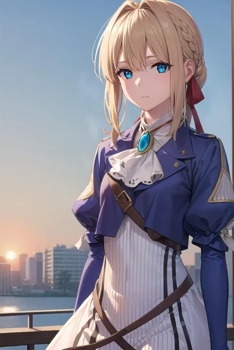 violetevergarden, <lyco:violetevergarden-lyco-nochekaiser:1>,
violet evergarden, blonde hair, blue eyes, hair ribbon, ribbon, short hair, braids, hair braids, red ribbon,
BREAK blue jacket, brown gloves, cropped jacket, dress, gloves, green brooch, jacket, juliet sleeves, long sleeves, puffy sleeves, white dress,
BREAK outdoors, city,
BREAK looking at viewer, (cowboy shot:1.5),
BREAK <lyco:GoodHands-beta2:1>, (masterpiece:1.2), best quality, high resolution, unity 8k wallpaper, (illustration:0.8), (beautiful detailed eyes:1.6), extremely detailed face, perfect lighting, extremely detailed CG, (perfect hands, perfect anatomy),