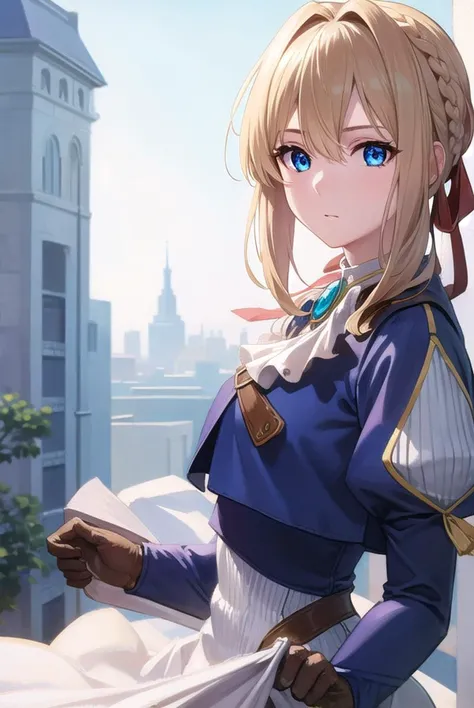 violetevergarden, <lyco:violetevergarden-lyco-nochekaiser:1>,
violet evergarden, blonde hair, blue eyes, hair ribbon, ribbon, short hair, braids, hair braids, red ribbon,
BREAK blue jacket, brown gloves, cropped jacket, dress, gloves, green brooch, jacket, juliet sleeves, long sleeves, puffy sleeves, white dress,
BREAK outdoors, city,
BREAK looking at viewer, (cowboy shot:1.5),
BREAK <lyco:GoodHands-beta2:1>, (masterpiece:1.2), best quality, high resolution, unity 8k wallpaper, (illustration:0.8), (beautiful detailed eyes:1.6), extremely detailed face, perfect lighting, extremely detailed CG, (perfect hands, perfect anatomy),