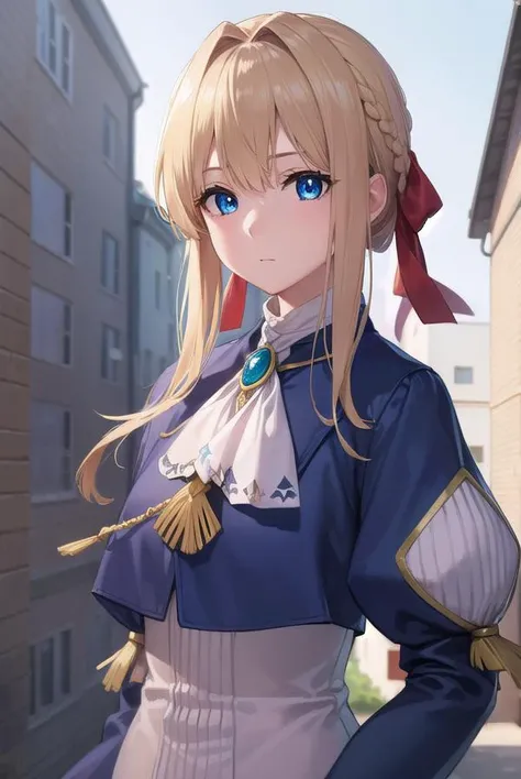violetevergarden, <lyco:violetevergarden-lyco-nochekaiser:1>,
violet evergarden, blonde hair, blue eyes, hair ribbon, ribbon, short hair, braids, hair braids, red ribbon,
BREAK blue jacket, brown gloves, cropped jacket, dress, gloves, green brooch, jacket, juliet sleeves, long sleeves, puffy sleeves, white dress,
BREAK outdoors, city,
BREAK looking at viewer, (cowboy shot:1.5),
BREAK <lyco:GoodHands-beta2:1>, (masterpiece:1.2), best quality, high resolution, unity 8k wallpaper, (illustration:0.8), (beautiful detailed eyes:1.6), extremely detailed face, perfect lighting, extremely detailed CG, (perfect hands, perfect anatomy),