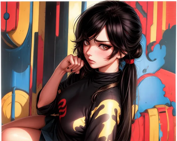 ( hyper realism, anime, manga) <lora:add_detail:0.4> <lora:toriyama_akira_3:0.3> toriyama akira (fine lineart) <lora:duo artstyle:0.6> retro art style ( beautiful face, black eye liner, black hair, ponytail, bangs, messy hair, golden_brown eyes, angry face, looking at viewer)(,medium breasts, black oversized shirt, white skirt, sleeves, ) (cloudy blue sky,, summer, simple background, ) ( sitting, , closeup face portrait, ) ( sunlight, sunburn, shadow, eyeshadow,) , underboob, kiss,
(solo, solo focus, mature female, ) nail polish, black nails,
Emiru Twitch <lora:Emiru_v1:0.2> <lora:concept_indexfingerstogether-10:1> index fingers together