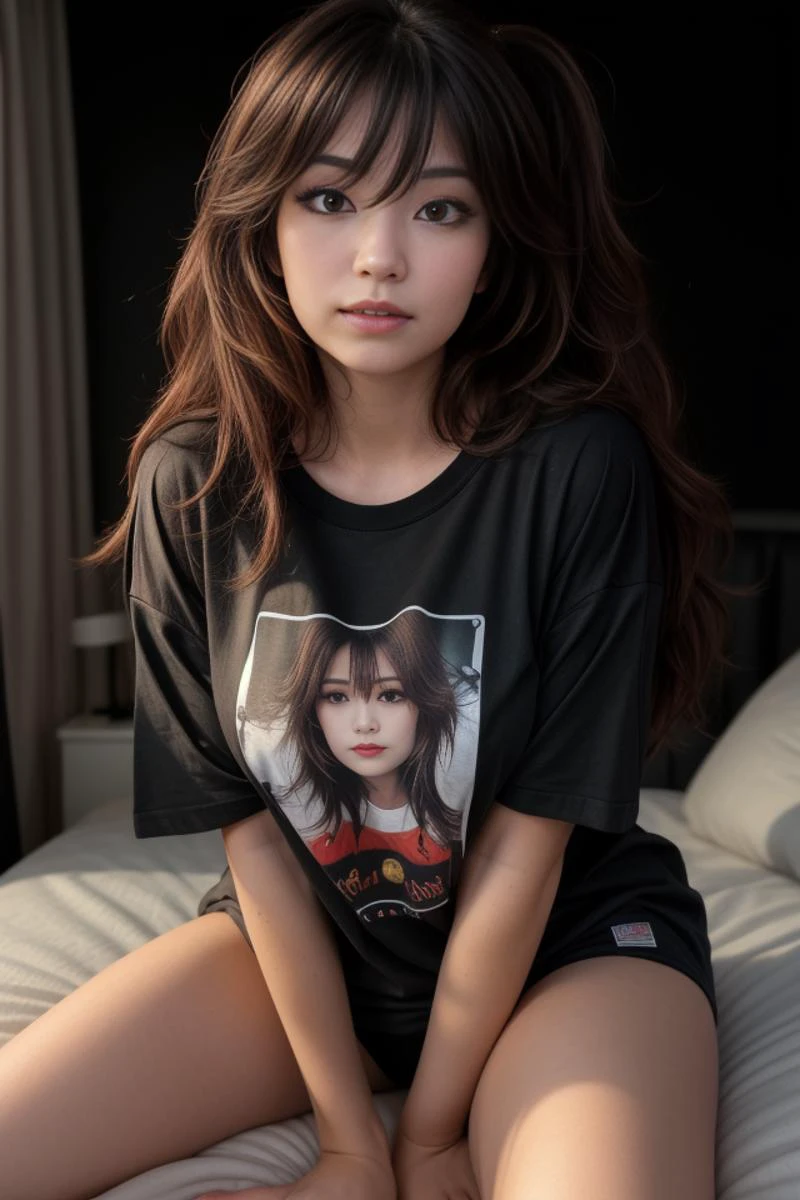 woman wearing a ((oversized t-shirt:1.2)), ((messy hair, bedhead)), long hair, hyper realistic, 4k, medium breasts, masterpiece, beautiful, facing the viewer, headshot, cleavage, pale skin, fair skin, ((nasolabial folds)), skin colored lipstick, DSLR RAW PHOTO, 8K, POV, canon 5d, 85mm, ((bedroom, early morning, sitting on a bed, dim lights, black background)), smirk, sexy pose, AS-Adult, BREAK
from below, BREAK
<lora:Emiru_v1:1> <lora:more_details:0.5> <lyco:GoodHands-beta2:1.0> , <lora:PerfectFullBreasts-fCV3.5:1.0>,
