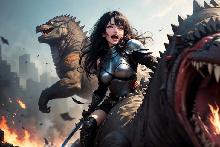 highly detailed, masterwork, masterpiece, best quality,
photographed by Canan EOS R6, 135mm, 1/1250s, f/2.8, ISO 400,
(a woman, emiru), wearing heavy plate armor, plate boots,
(charging into battle, riding on the back of a large godzilla),
(screaming "CHAAAARGE", :D), wielding a large sword,
(long black hair), detailed eyes, beautiful face, perfect skin, [perfect winged eyeliner],
(3/4 body shot, 2/3 face angle), 1girl, solo, cut off,
 <lora:Emiru_2:1>