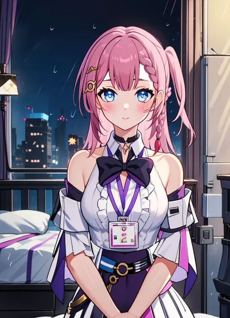 masterpiece, highres, high quality, best quality, hd, 4d, wallpaper, asta(honkai star), (((middle body))), 1girl, (((solo))), (((focus on character))), pink hair, ((blue eyes)), long hair, white shirt, purple clothes edges, character on frame, black high heels, standing, braid, medium breasts, white skirt, black bow, hair ornament, ((detailed eyes)), one side up, looking at viewer, ((((focus on face)))), curvy body, id card, (((v symbol))), ((peace symbol)), bedroom, modern bedroom, bed, table, window, city, blue sky, raining, blush, bare shoulder, <lora:asta_honkai:0.7>, <lora:thickerLinesanimeStyle:0.4>