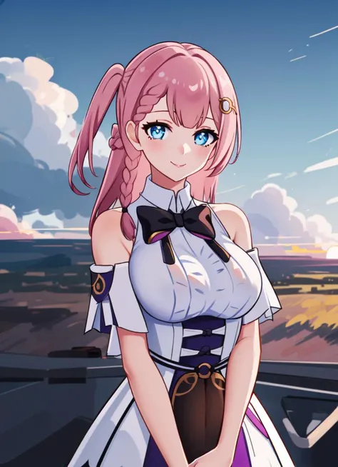 masterpiece, highres, high quality, best quality, hd, 4d, wallpaper, asta(honkai star), (((middle body))), 1girl, (((solo))), (((focus on character))), pink hair, ((blue eyes)), long hair, white shirt, purple clothes edges, character on frame, black high heels, standing, braid, medium breasts, white skirt, black bow, hair ornament, ((detailed eyes)), smile, one side up, looking at viewer, ((focus on face)), field, sunset, clouds, sky, female focus, grass, green field, ((elbow squeeze)), (((breasts squeezed together))), (((arms down))), curvy body, <lora:asta_honkai:0.7>, <lora:thickerLinesanimeStyle:0.4>, <lora:Elbow_Squeeze:0.75>,
