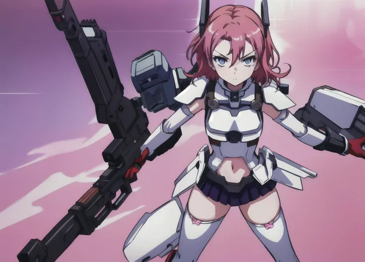 <lora:LBX-Girls_Riko:0.6>, LBX-Girls_Riko, 1girl, solo, weapon, gun, blue eyes, short hair, thighhighs, holding, looking at viewer, holding weapon, gloves, rifle, mecha musume, holding gun, covered navel, aiming, pink thighhighs, <lora:Masterpiace:0.8>,