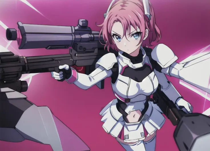 <lora:LBX-Girls_Riko:0.6>, LBX-Girls_Riko, 1girl, solo, weapon, gun, blue eyes, short hair, thighhighs, holding, looking at viewer, holding weapon, gloves, rifle, mecha musume, holding gun, covered navel, aiming, pink thighhighs, <lora:Masterpiace:0.8>,