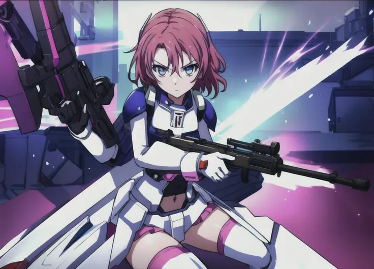 <lora:LBX-Girls_Riko:0.6>, LBX-Girls_Riko, 1girl, solo, weapon, gun, blue eyes, short hair, thighhighs, holding, looking at viewer, holding weapon, gloves, rifle, mecha musume, holding gun, covered navel, aiming, pink thighhighs, <lora:Masterpiace:0.8>,