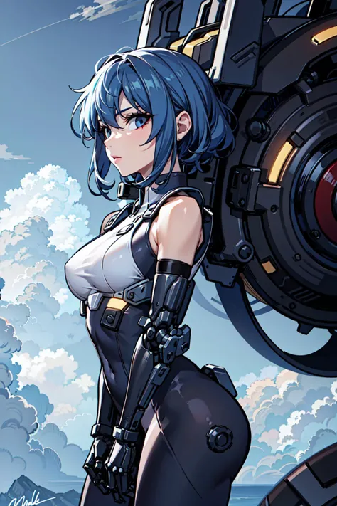 best quality,detailed background,girl,mechanical arms, cloudy sky,