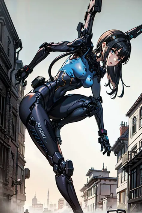 best quality,detailed background,girl,mechanical arms, cityscape, mecha musume, techwear