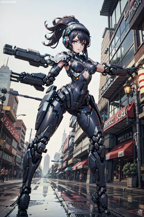 best quality,detailed background,girl,mechanical arms, cityscape,