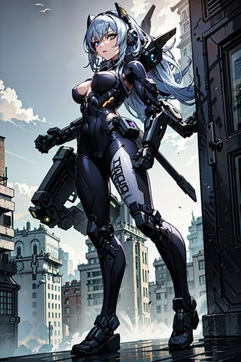 best quality,detailed background,girl,mechanical arms, cityscape, mecha musume, techwear