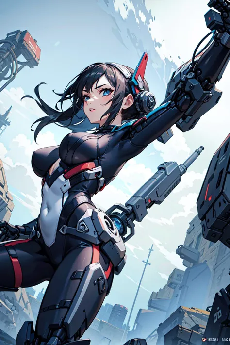 best quality,detailed background,girl,mechanical arms, cloudy sky,