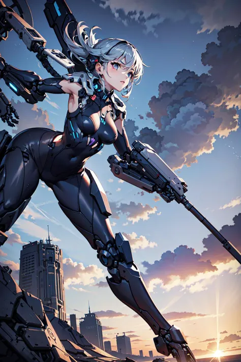best quality,detailed background,girl,mechanical arms, cloudy sky,