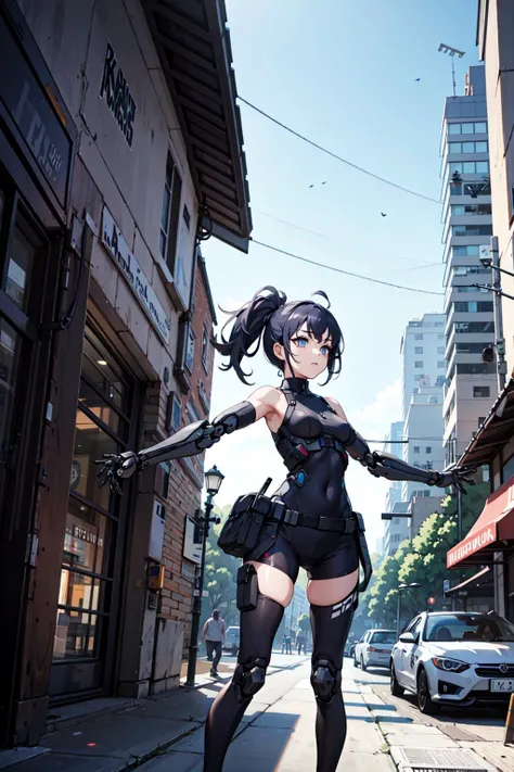 best quality,detailed background,girl,mechanical arms, cityscape,
