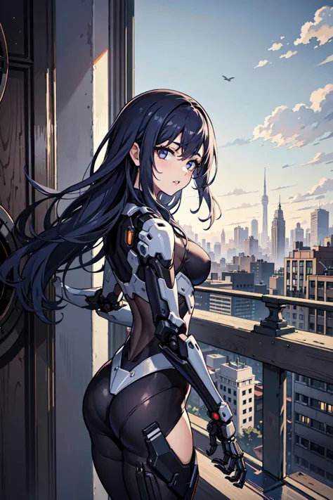 best quality,detailed background,girl,mechanical arms, cityscape,