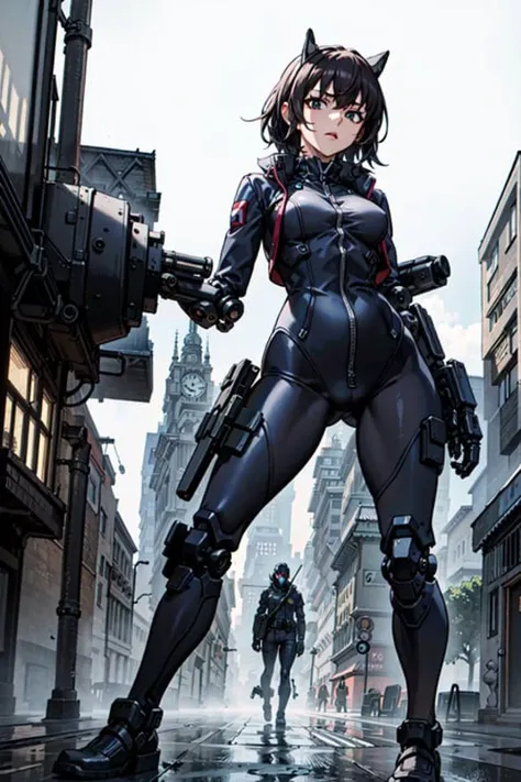 best quality,detailed background,girl,mechanical arms, cityscape, mecha musume, techwear