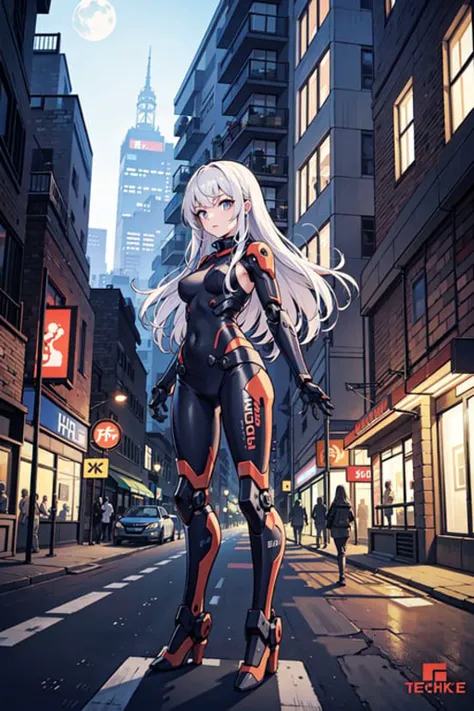 best quality,detailed background,girl,mechanical arms, cityscape, mecha musume, techwear
