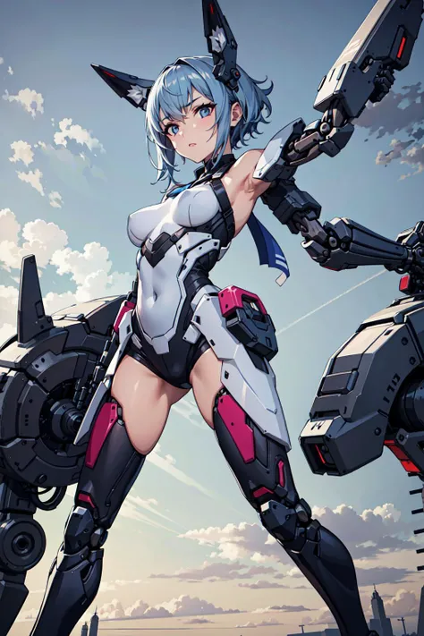 best quality,detailed background,girl,mechanical arms, cloudy sky,