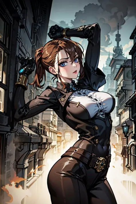 best quality,detailed background,girl,mechanical arms, cityscape, steampunk,