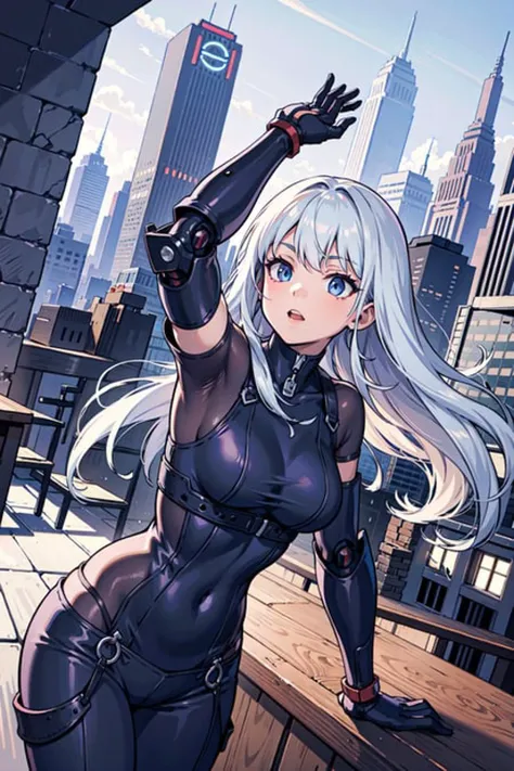 best quality,detailed background,girl,mechanical arms, cityscape,