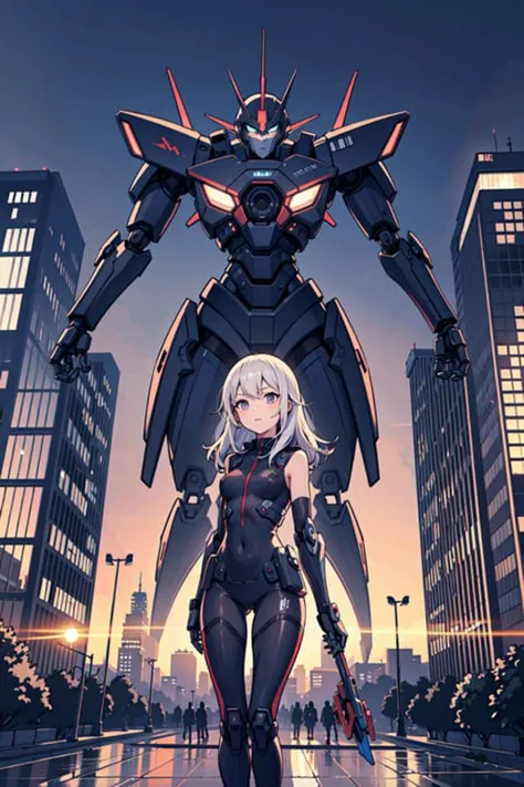 best quality,detailed background,girl,mechanical arms, cityscape, mecha musume, techwear