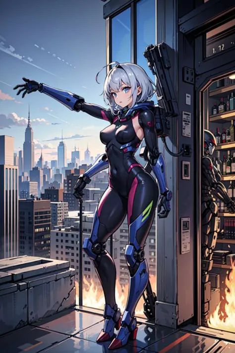 best quality,detailed background,girl,mechanical arms, cityscape, mecha musume, techwear