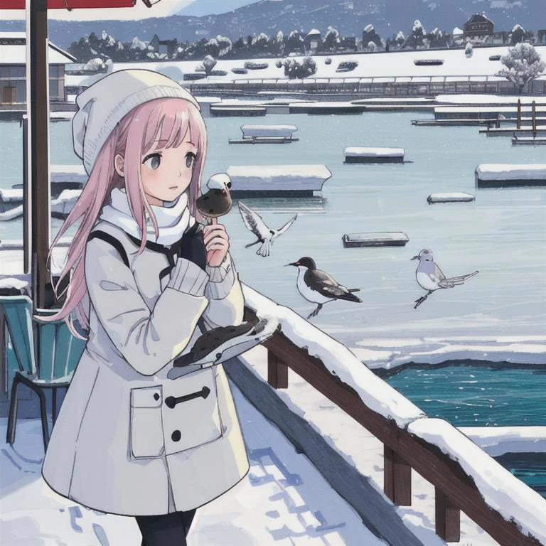 best quality, detailed background, girl,sea, cafeteria, bird, snow, winter,