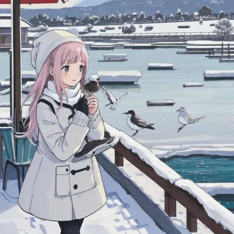 best quality, detailed background, girl,sea, cafeteria, bird, snow, winter,