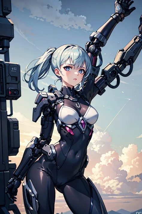 best quality,detailed background,girl,mechanical arms, cloudy sky,