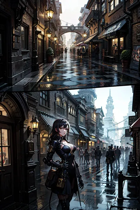 best quality,detailed background,girl,mechanical arms, cityscape, steampunk,