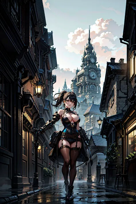 best quality,detailed background,girl,mechanical arms, cityscape, steampunk,
