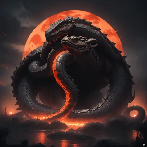 masterpiece of a realistic menacing <lora:xuanwu_v1:0.8>,orange and black1 xuanwu, carapace, caught in massive 1snake coils, massive red moon, dense fog, dark cinematic lighting, octane render,