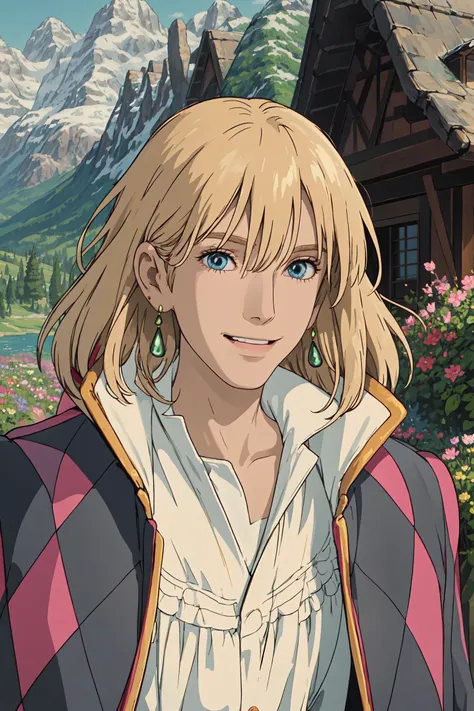 (best quality), (masterpiece), (solo), detailed eyes, 1boy, blonde hair, blue eyes, popped collar, high collar, bangs, white shirt, jewelry, jacket, coat, earrings, 19th century european village, flowers, river, mountains, trees, smiling, <lora:howl_jenkins:1>