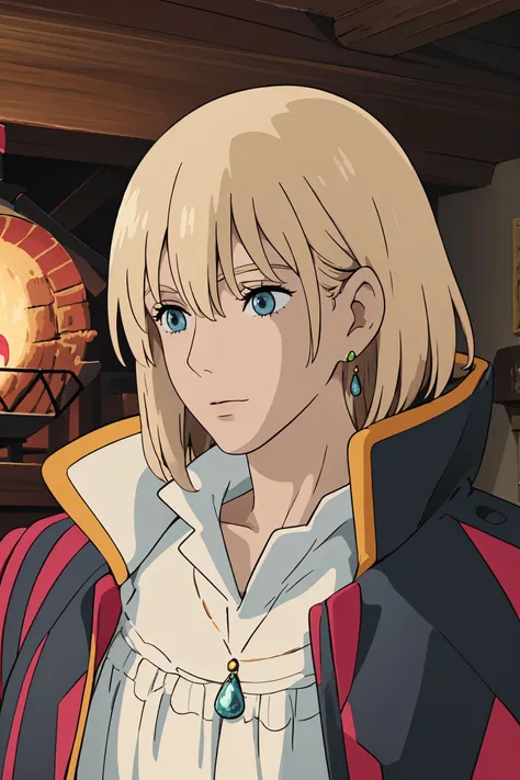 (best quality), (masterpiece), (solo), detailed eyes, 1boy, blonde hair, blue eyes, popped collar, high collar, bangs, white shirt, jewelry, jacket, coat, earrings, stone furnace, interior, night, <lora:howl_jenkins:1.0>