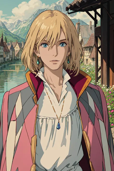 (best quality), (masterpiece), (solo), detailed eyes, 1boy, blonde hair, blue eyes, popped collar, high collar, bangs, white shirt, jewelry, jacket, coat, earrings, 19th century european village, flowers, river,  <lora:howl_jenkins:1>