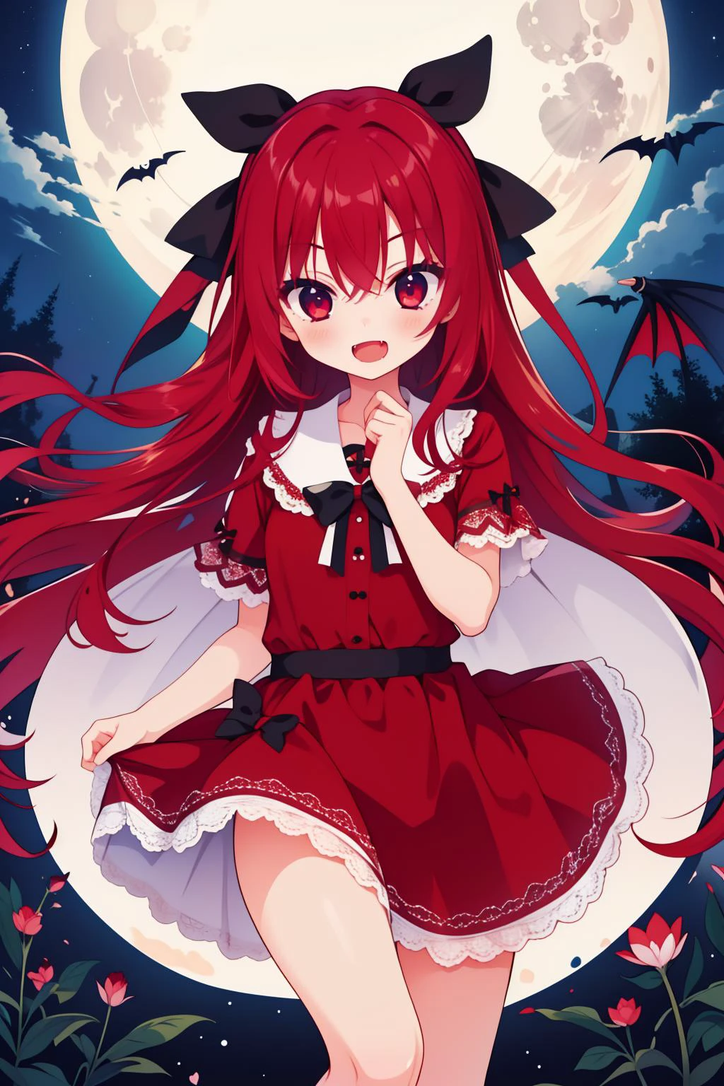 best quality, masterpiece, highres,
<lora:Mrrn_v1:0.9> mrrn, 1girl, vampire, fang, long hair, red hair, red eyes, hair bow, red dress, full moon,