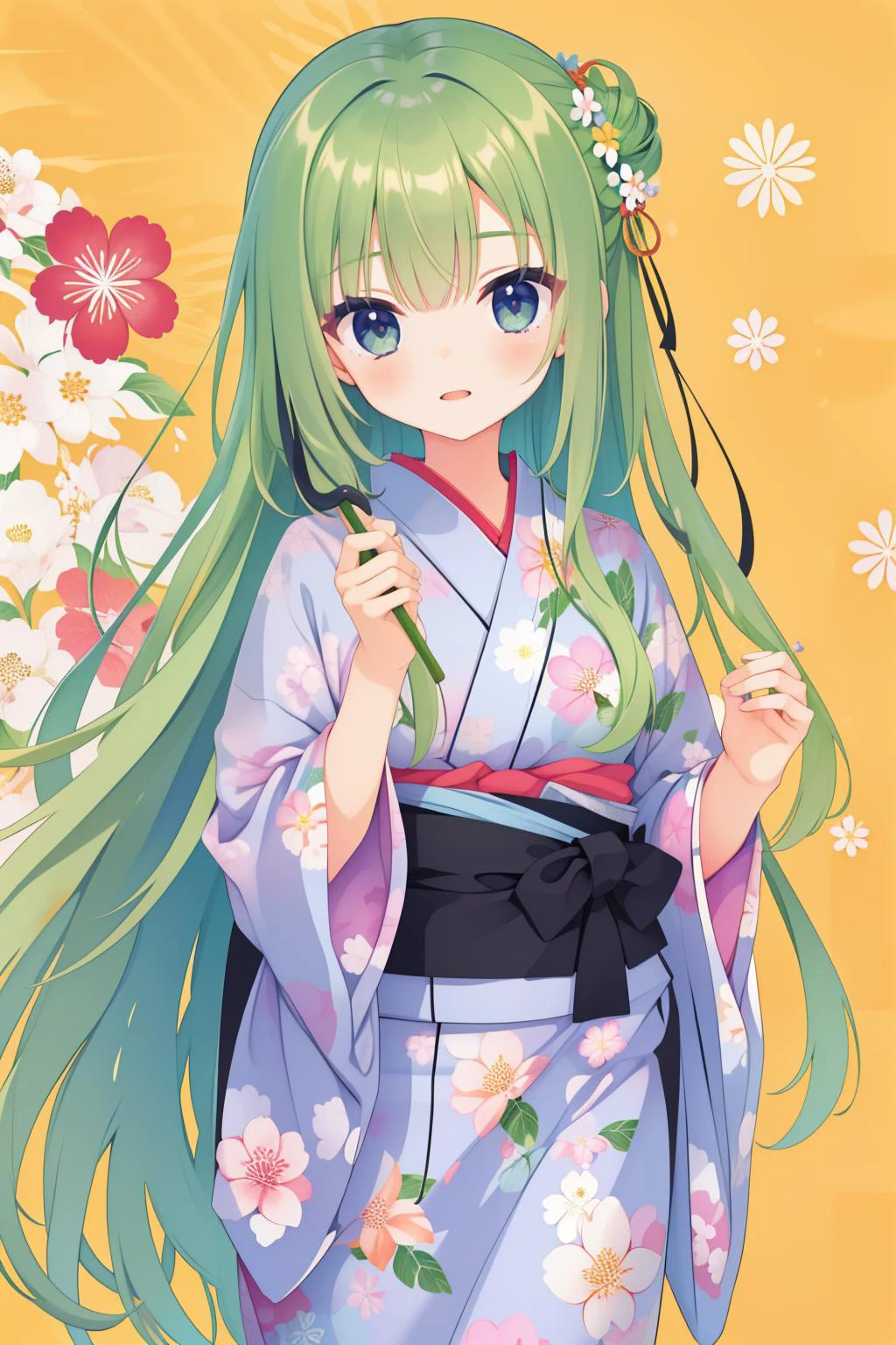 best quality, masterpiece, highres,
<lora:Kbic_v1:1> kbic, 1girl, green hair, long hair, japanese clothes, yukata, floral print,