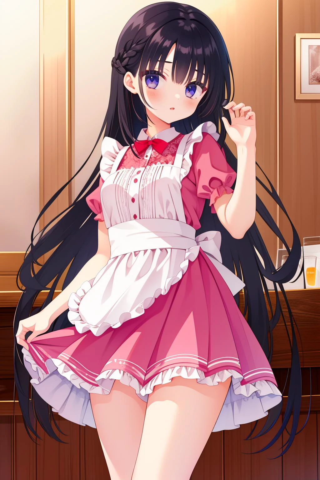 best quality, masterpiece, highres,
<lora:Kbic_v1:1> kbic, 1girl, black hair, very long hair, waitress, pink dress, frills, lace trim, white waist apron, miniskirt,