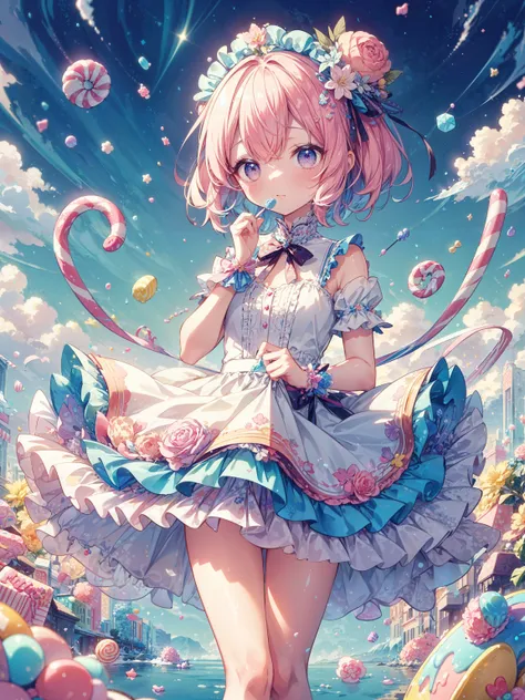 (masterpiece,ultra-detailed,best quality,8K,illustration,shaved:1.2),(petite girl:1.0) <lora:add_detail:1.0>, <lora:CandyMagic:0.6> candymagic, candy girl, candy lain,candy flower, (candy object:1.3),(pastel color:1.2),candy dress,frills,frill skirt,sky