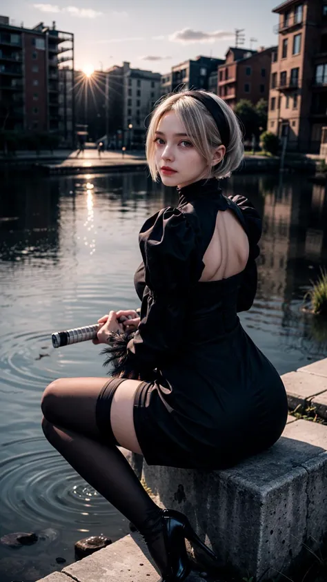realistic, 8k, hm2b, curvy, hair over one eye, mole under mouth, clothing cutout, long sleeves, puffy sleeves, juliet sleeves, feather trim, black thighhighs, high heels, black dress, black skirt, holding weapon, katana, sitting, full body, from behind, sunset, Submerged ruined town<lora:y2b_v2-1:0.7>