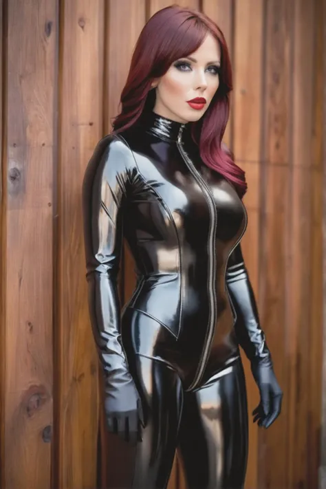 award winning photo, masterpiece, 8k, hd, masterpiece, ultra realistic, . 35mm, photograph, raw photo, film, bokeh, nsfw, professional, highly detailed, full body,
wooden wall with vertical strips of wood, Long Red Black Hair, Cat Eye Make Up, Metallic Lavender, Shiny Rubber, perfect eyes, beautiful woman, 29 yo, solo, helpless look in her face, drooling saliva, big breast, perky nipples, helpless, embarressed, <lora:ponygirl:1> ponygirl, gag stick, rubber suit, large blinders <lora:armbinder:1> armbinder